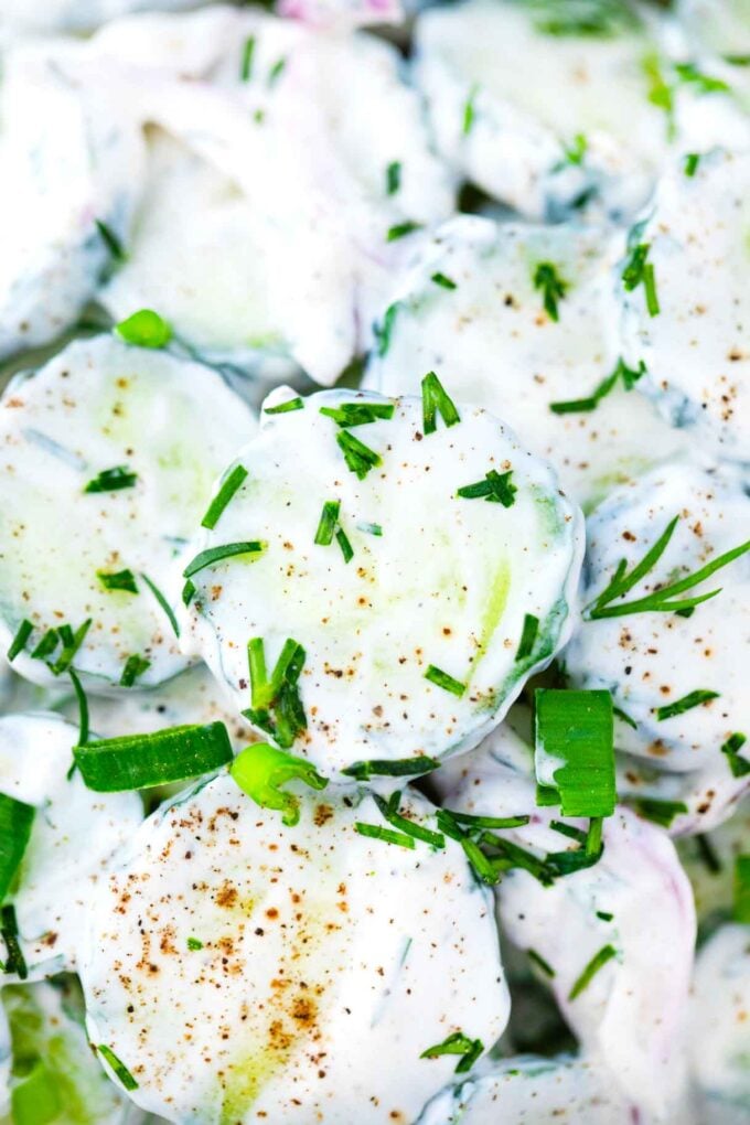 close shot of creamy cucumber salad