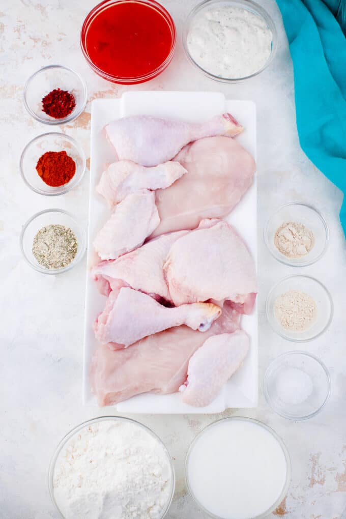 Overhead shot of air fryer fried chicken ingredients.