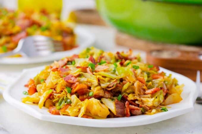 A plate of Southern fried cabbage with bacon.