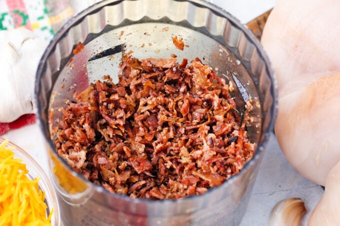 Bacon bits in a food processor.
