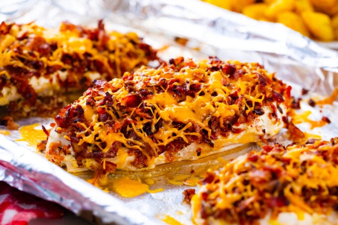 baked crack chicken on a baking sheet.