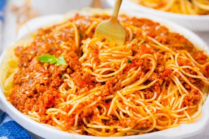 Instant Pot spaghetti sauce served with spaghetti.