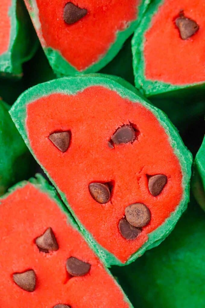 Cake mix no bake watermelon truffles with chocolate chip "seeds".