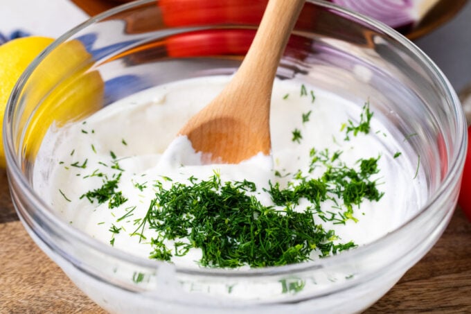 Greek yogurt herby dressing in a bowl.