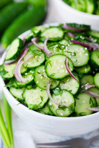 A bowl of fresh cucumber salad.