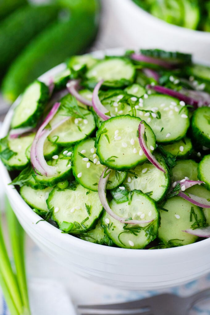 A bowl of fresh cucumber salad.