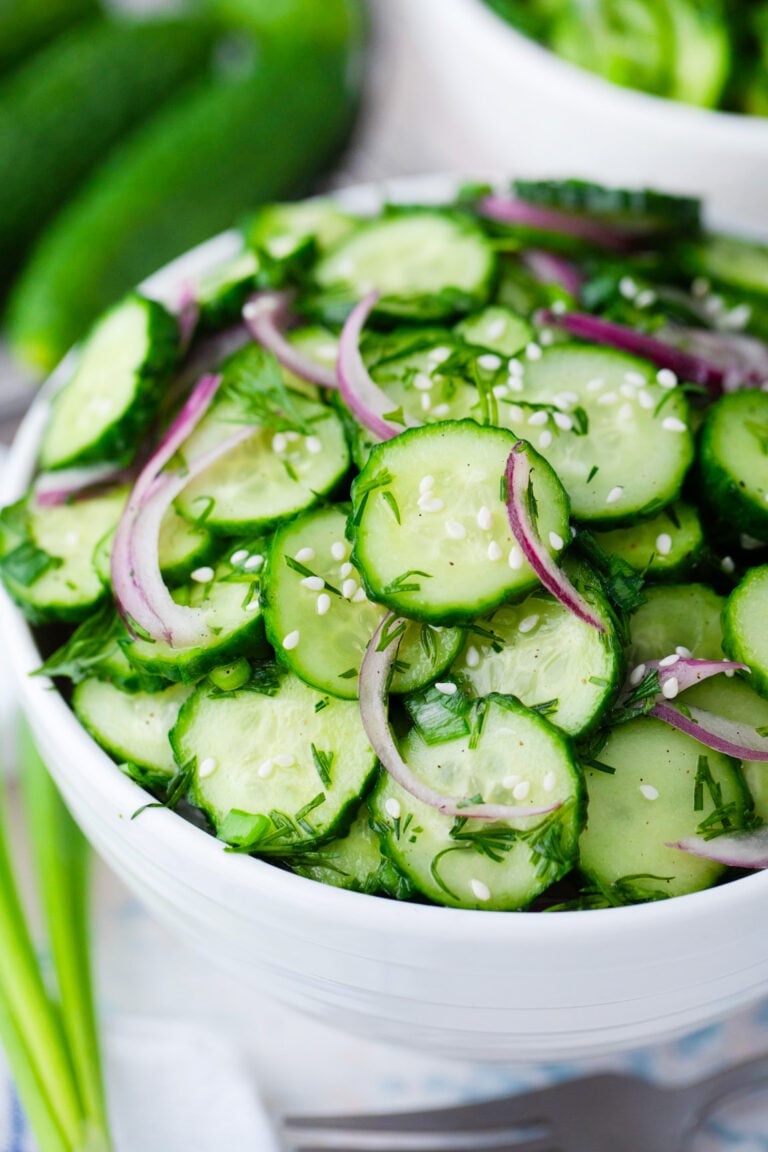A bowl of fresh cucumber salad.