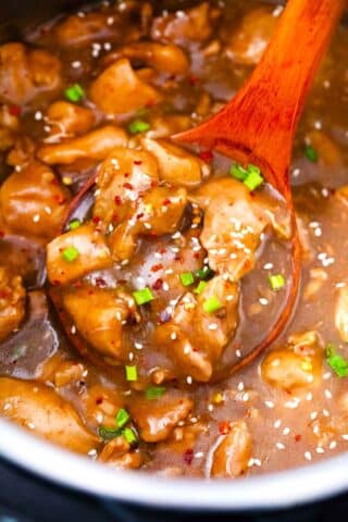 A ladle of dump and cook instant pot garlic sesame chicken.