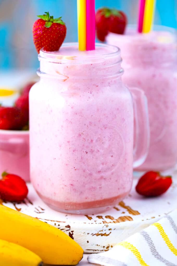 Pink strawberry banana smoothie.