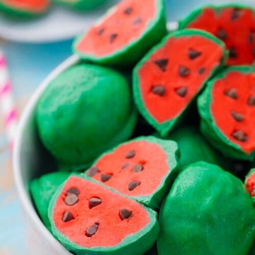 A bowl of no bake watermelon truffles.