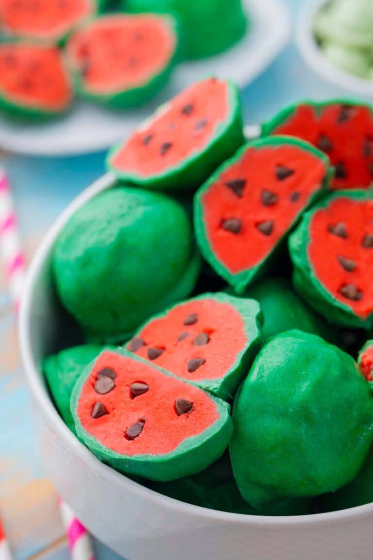 A bowl of no bake watermelon truffles.
