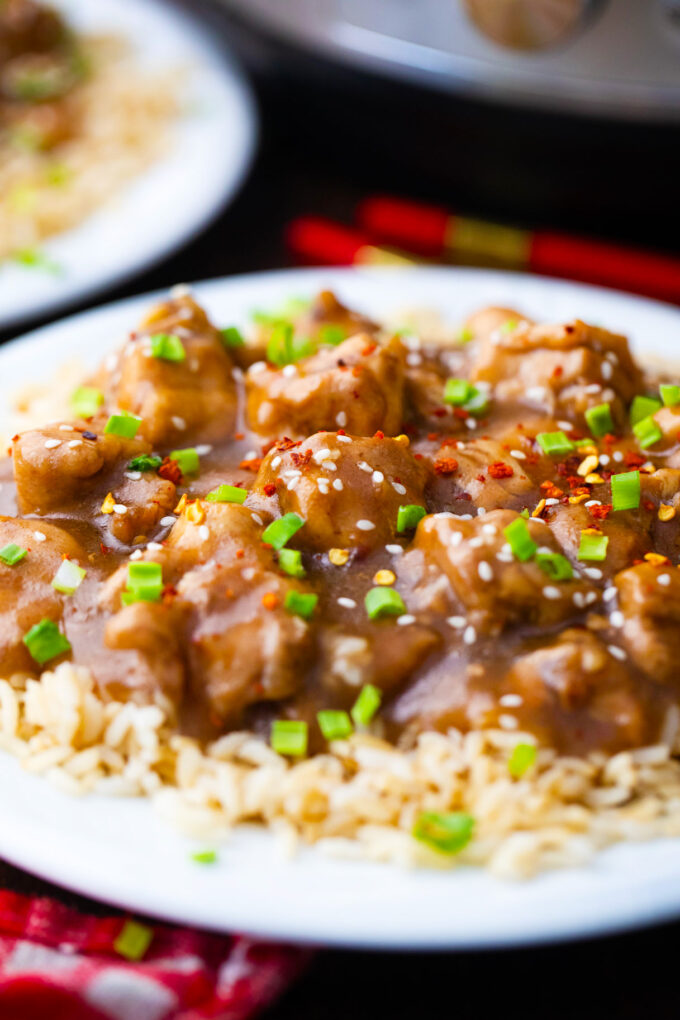 Instant Pot garlic sesame chicken over brown rice.