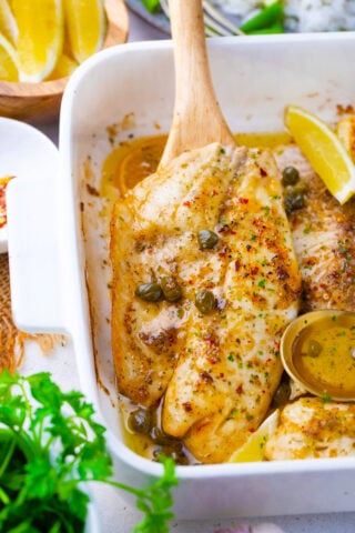 Oven baked lemon butter tilapia with capers.