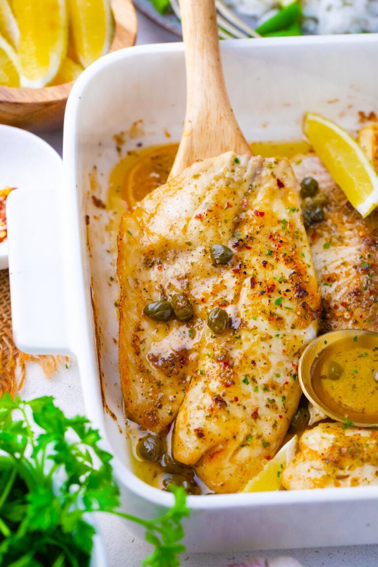 Oven baked lemon butter tilapia with capers.
