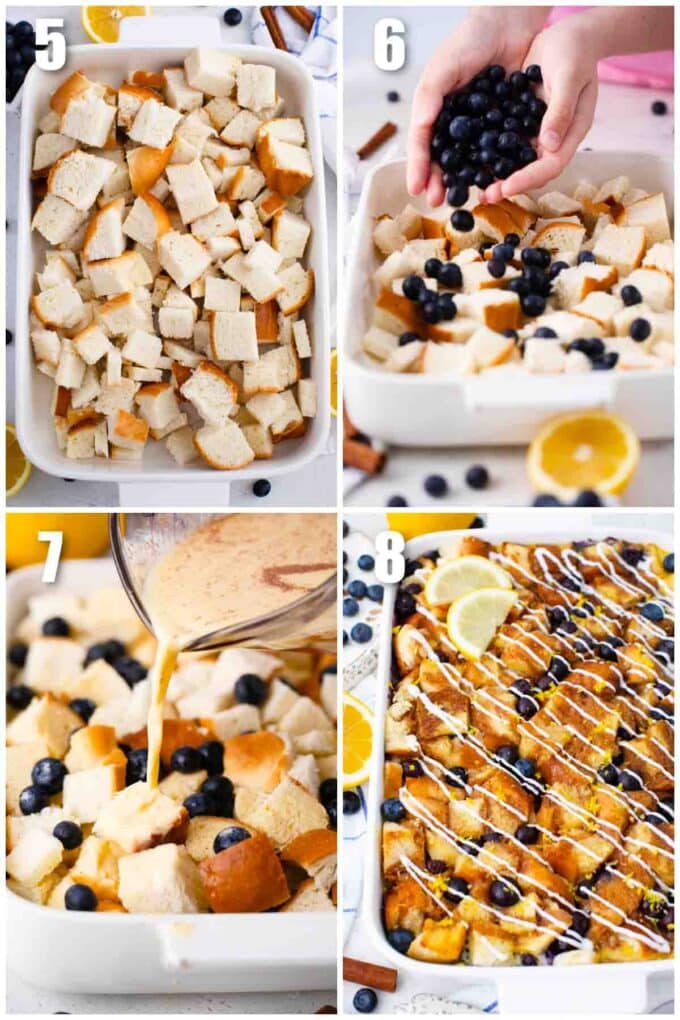 collage of photos showing how to make blueberry french toast casserole