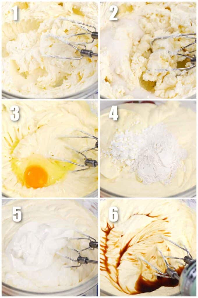 collage of photos showing how to make cheesecake filling