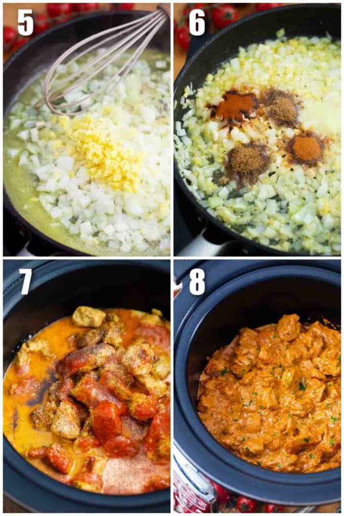 collage of photos showing how to make crockpot butter chicken