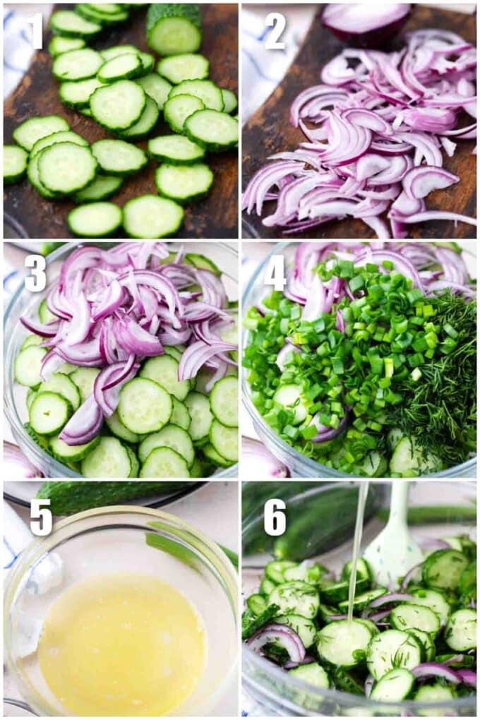 photo collage of steps how to make cucumber salad