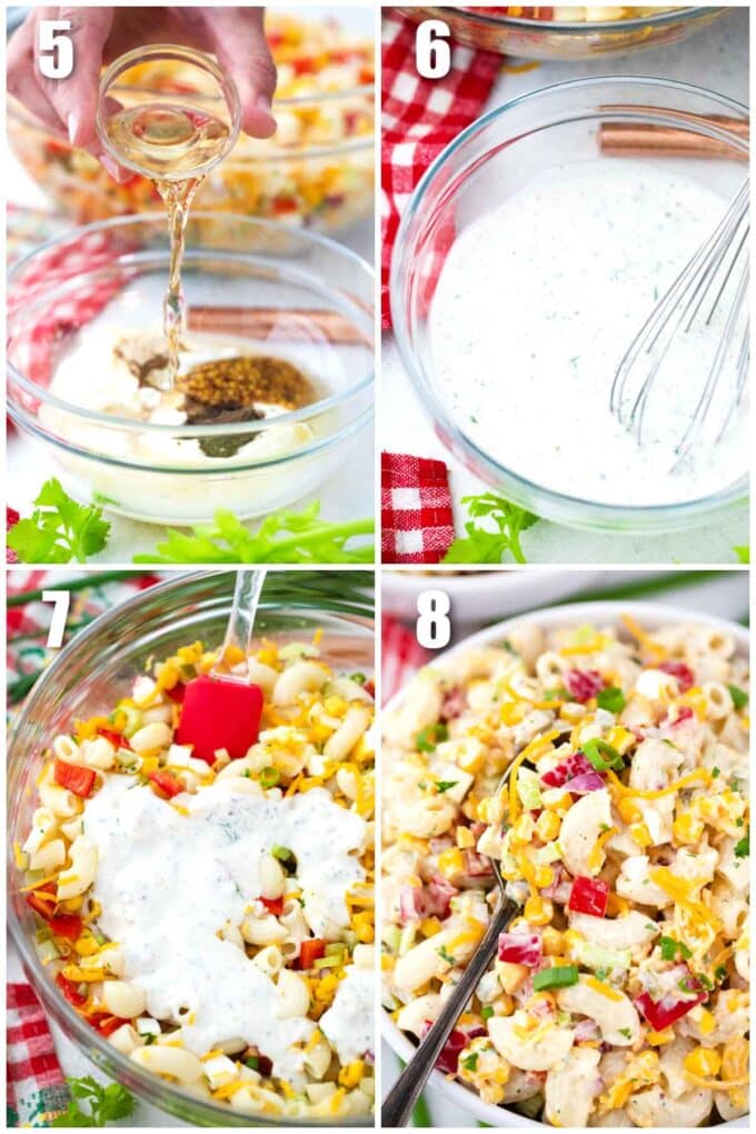 collage of photos showing how to make a creamy dressing for macaroni salad