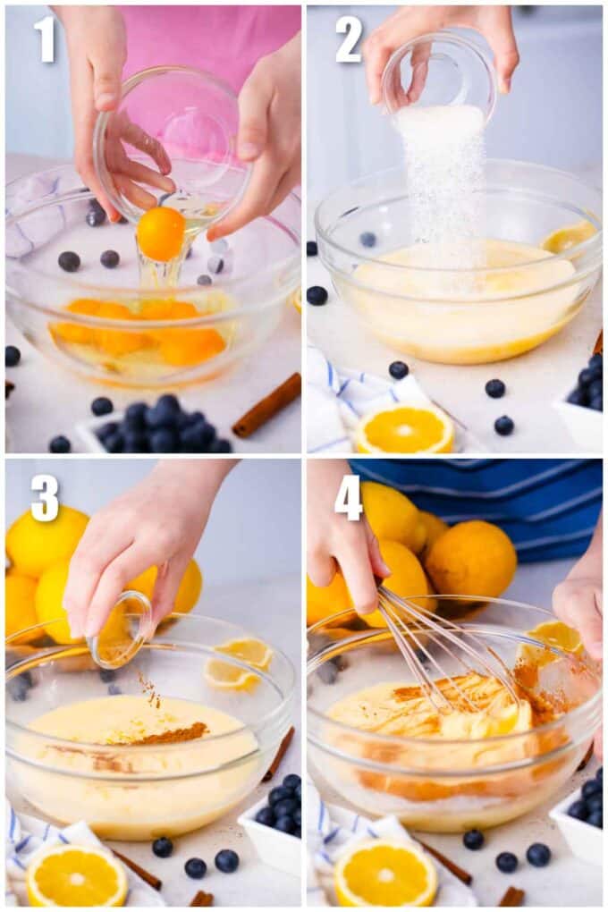 collage of photos showing how to make egg mixture for blueberry french toast casserole