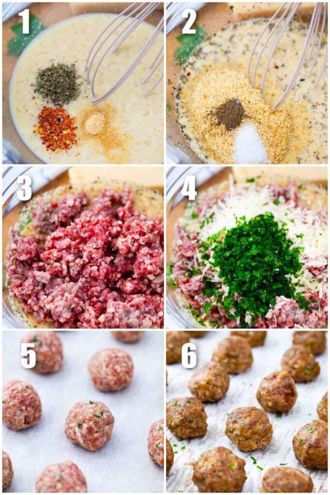 collage of steps how to make homemade meatballs