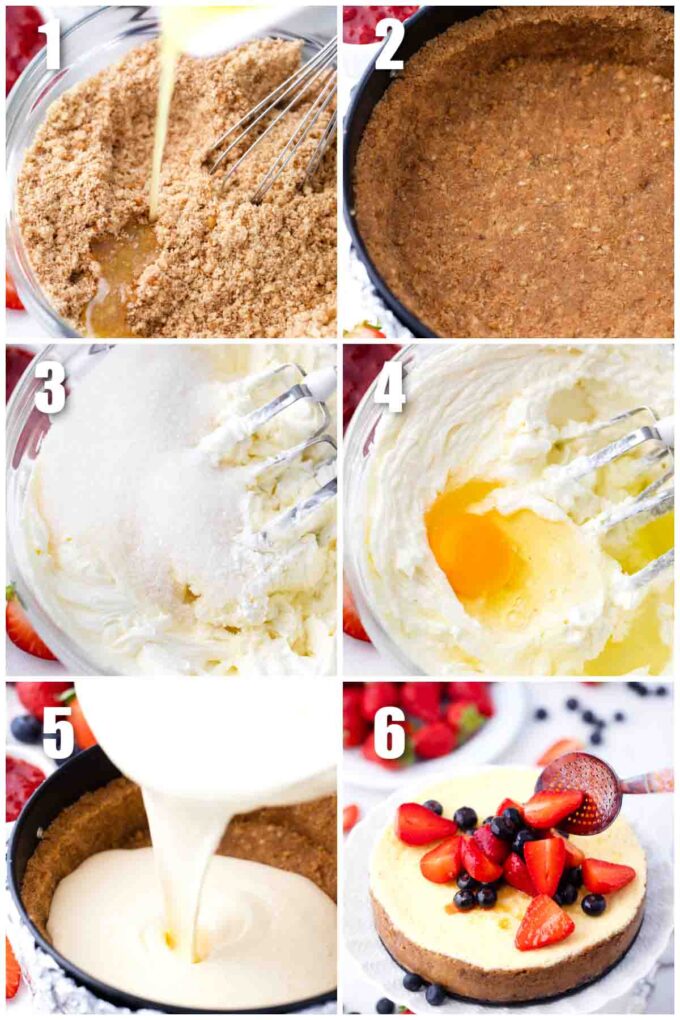 collage of six photos showing how to make instant pot cheesecake