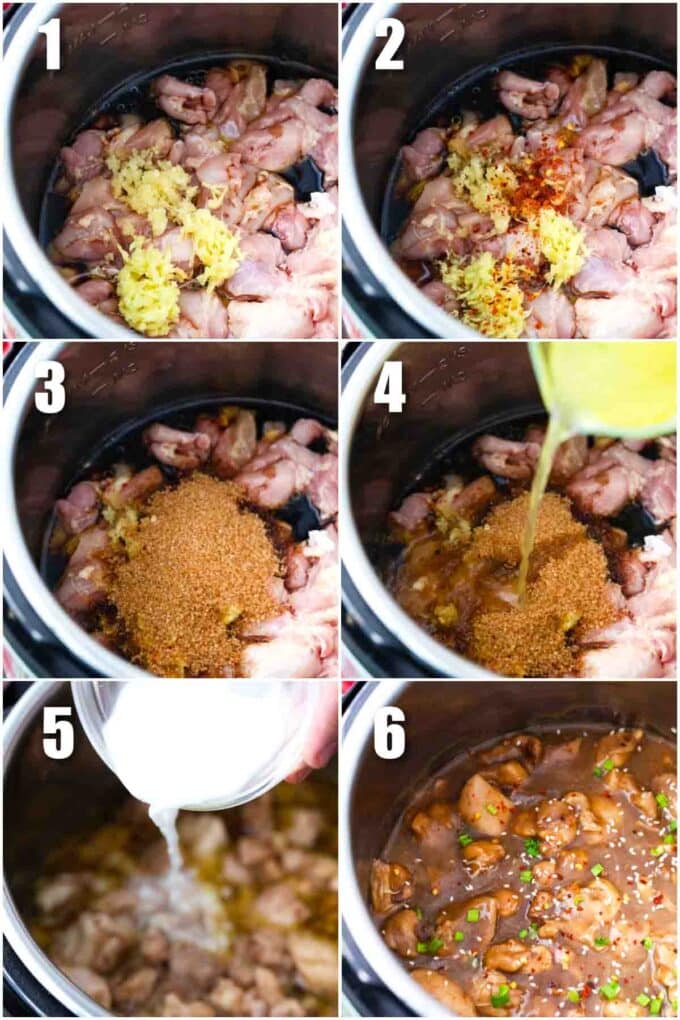 collage of photos showing how to make instant pot garlic sesame chicken