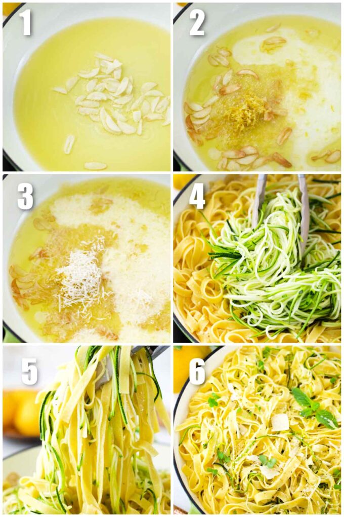 collage of six photos showing how to make lemon zucchini pasta