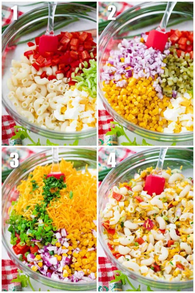 collage of photos showing how to make macaroni salad