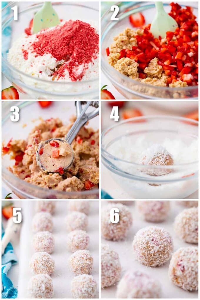 collage of six photos showing how to make no bake strawberry coconut truffles