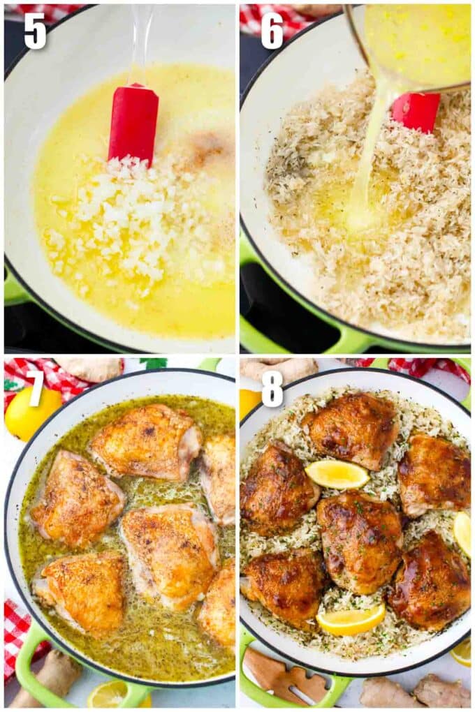 collage of photos showing how to make one pan honey garlic chicken and rice