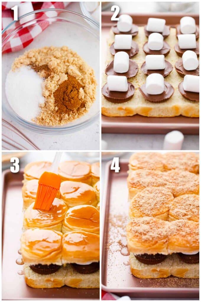 collage of four photos showing how to make peanut butter cup ssmores sliders