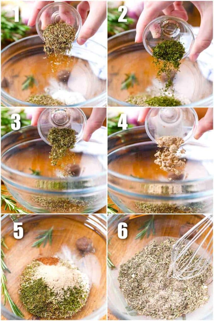 collage of steps showing how to make poultry seasoning