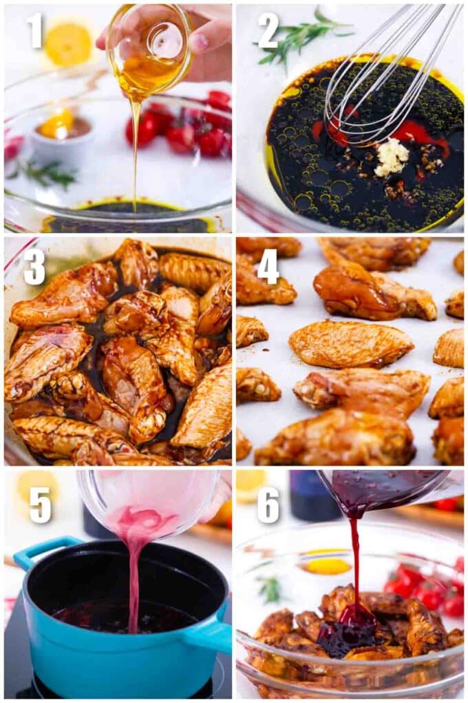 collage of photo showing how to make red wine glazed wings