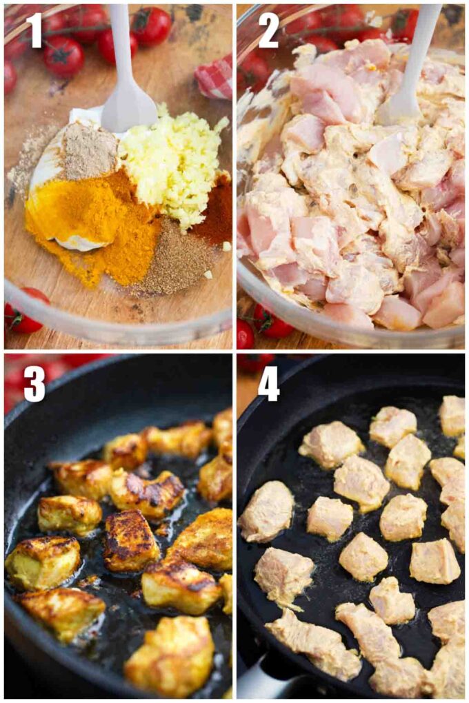 collage of photos showing how to marinate and sear slow cooker butter chicken