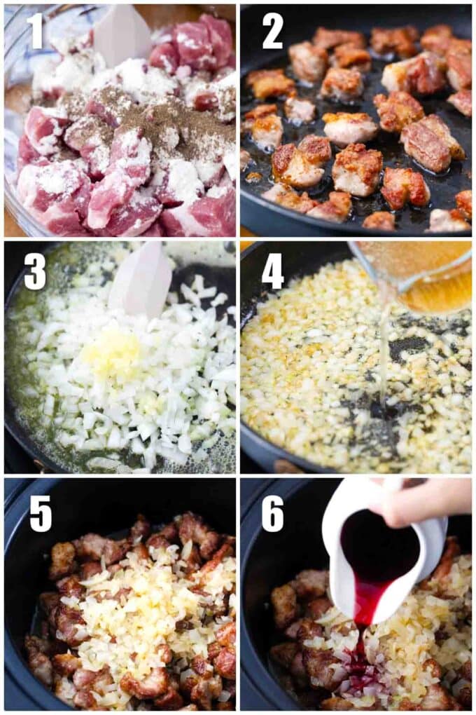 collage of photos showing how to brown the meat and how to make slow cooker pork stew