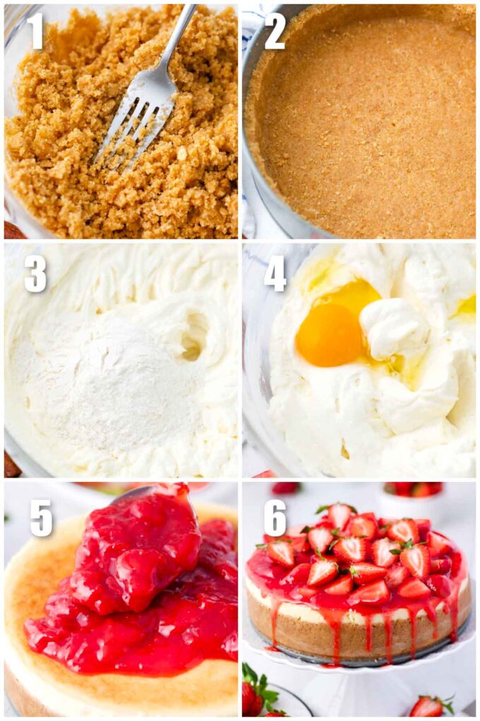 collage of six photos showing how to make strawberry cheesecake with strawberry topping