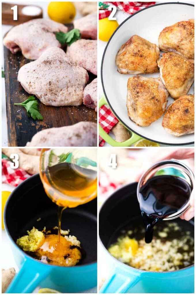 collage of photos showing how to season and sear chicken thighs and how to make honey garlic sauce