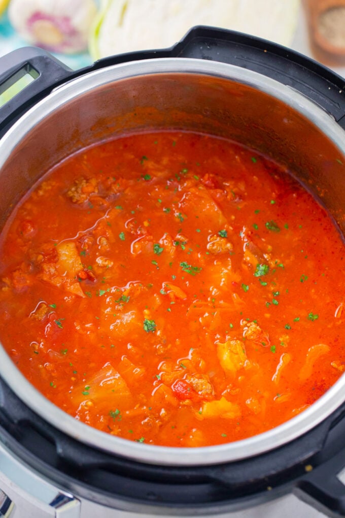 Overhead shot of instant pot cabbage roll soup.