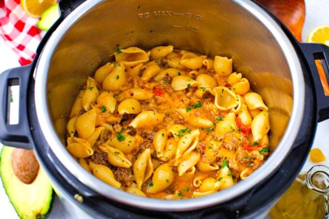 cheesy instant pot taco pasta made with pasta shells