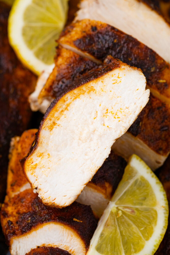 Juicy blackened chicken.