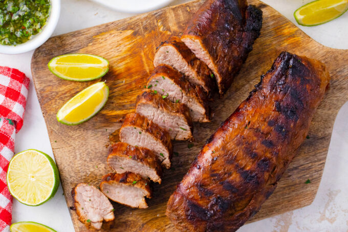 Sliced, juicy grilled pork tenderloin.