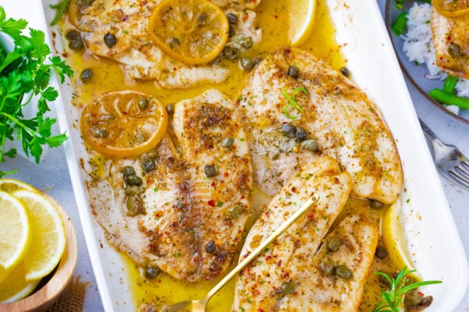 Garlic lemon butter tilapia fillets.