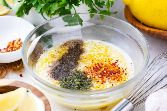 Lemon butter garlic sauce ingredients in a bowl.