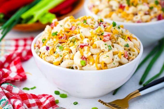 macaroni salad high piled in a bowl