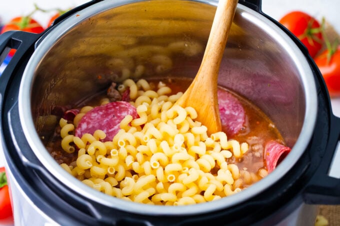 instant pot pizza pasta ingredients in the Instant Pot.
