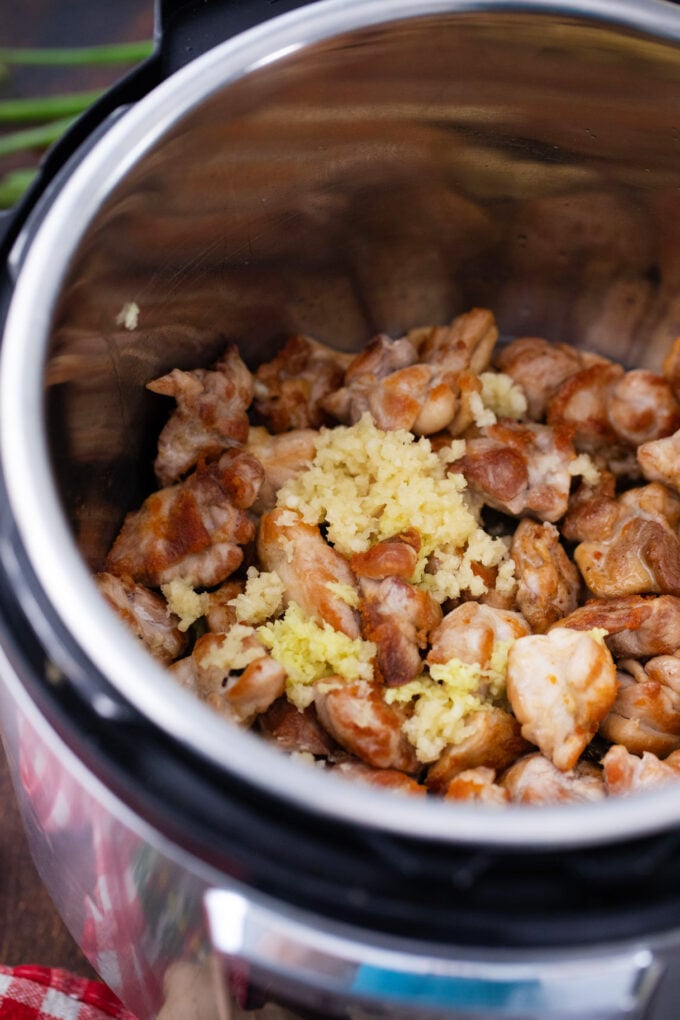 Seared chicken in the Instant Pot with garlic and ginger.