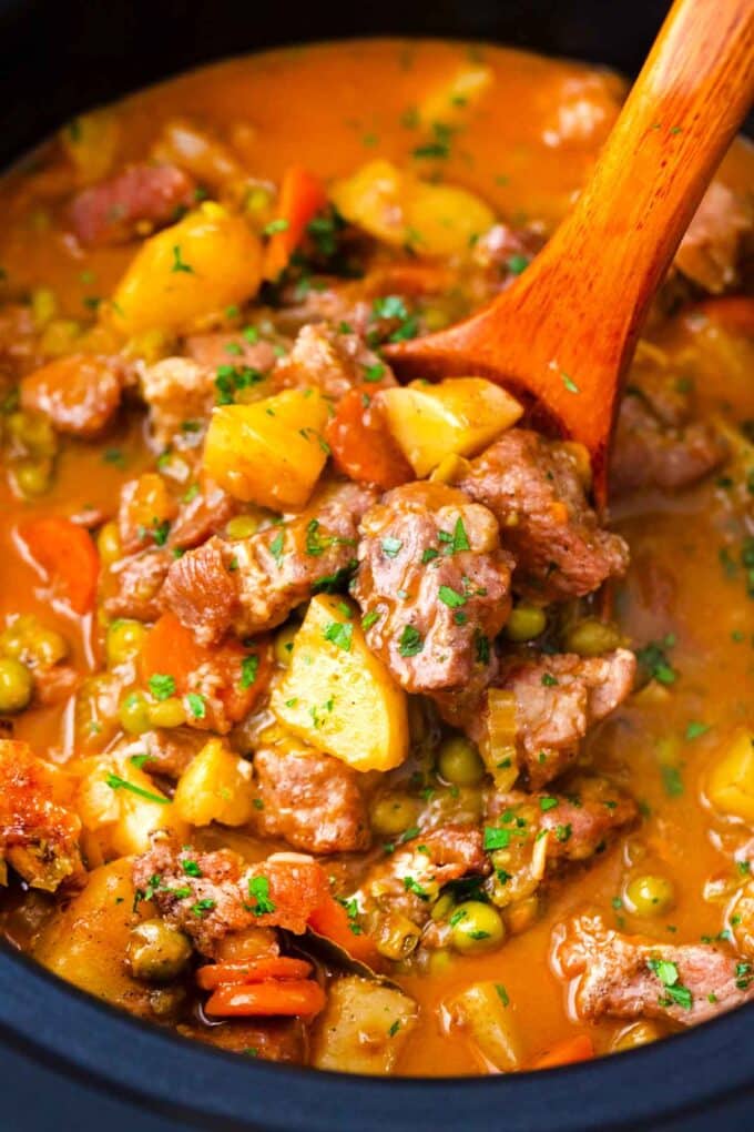 slow cooker pork stew with a full ladle on top of it