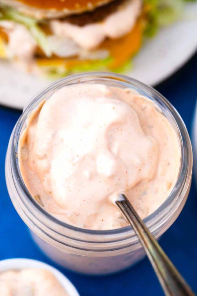 a jar of creamy homemade thousand island dressing