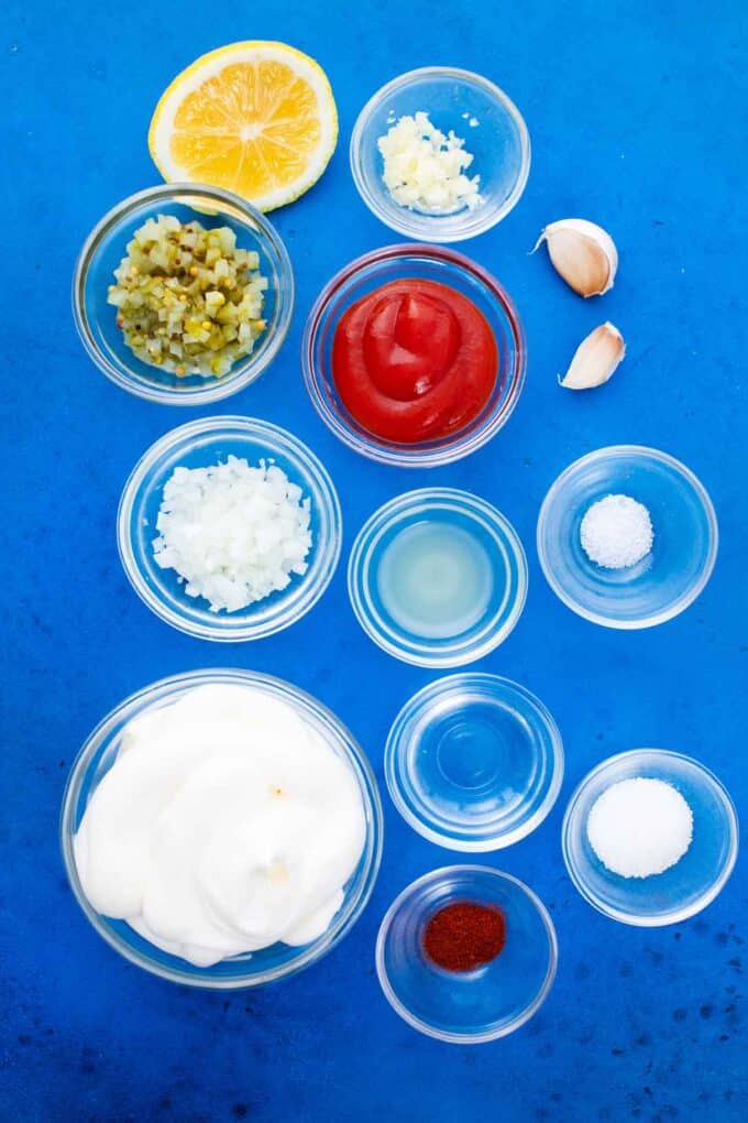 thousand island dressing ingredients ingredients in bowls on a table